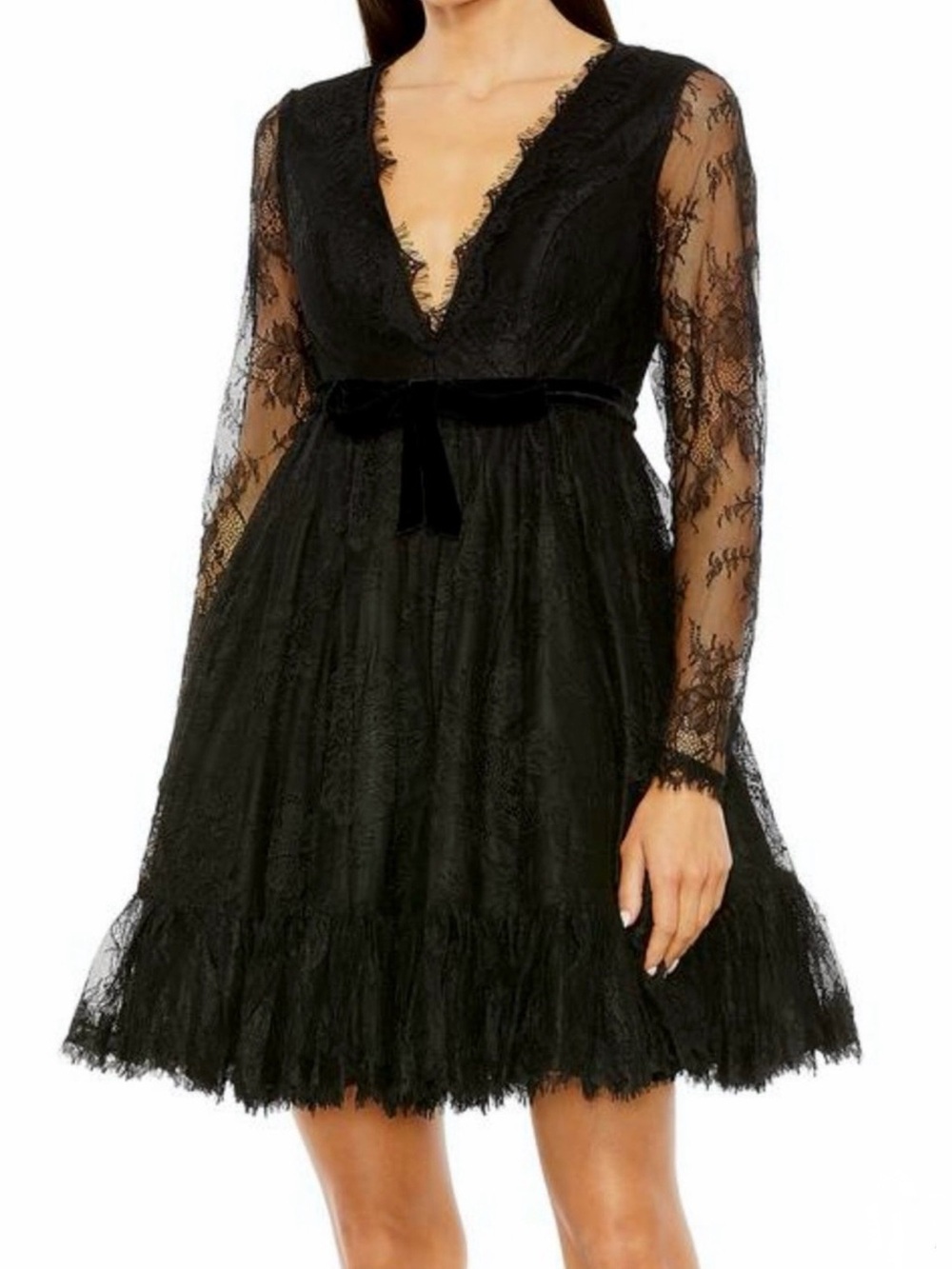 Mac Duggal Black Lace V-Neck Long Sleeve Cocktail Dress with Velvet Tie 49794